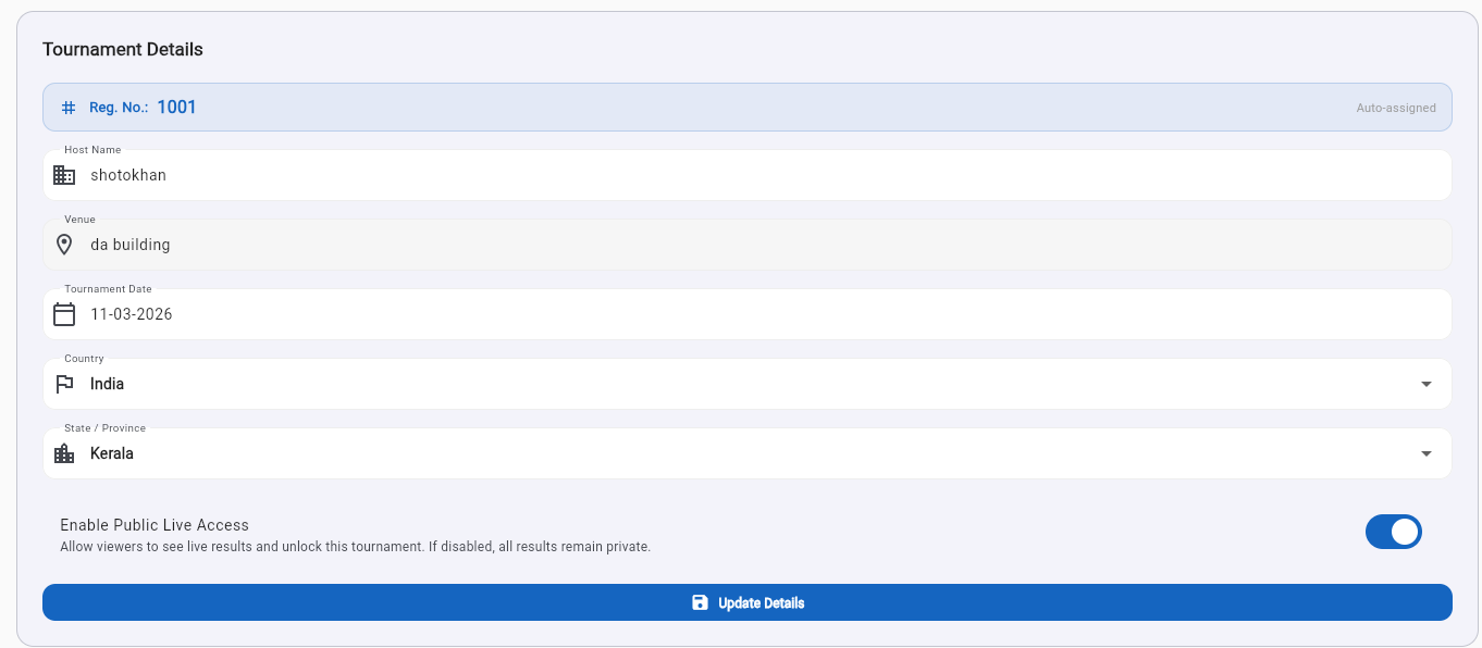 Tournament Details screen — host name, venue, date, country, state, public live access toggle