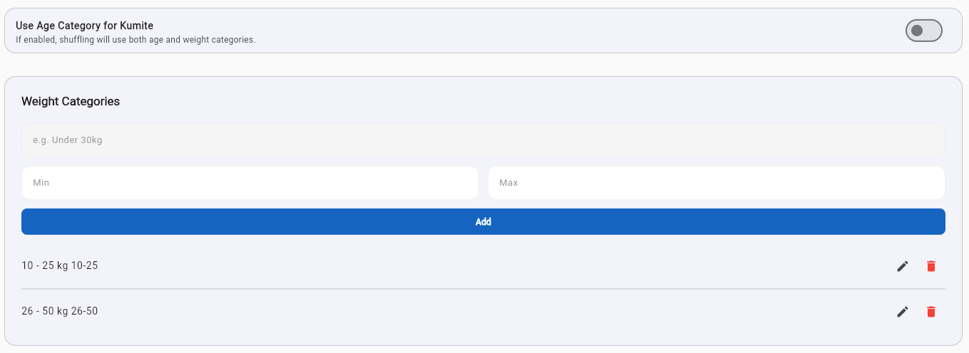 Weight Categories and Use Age Category for Kumite toggle