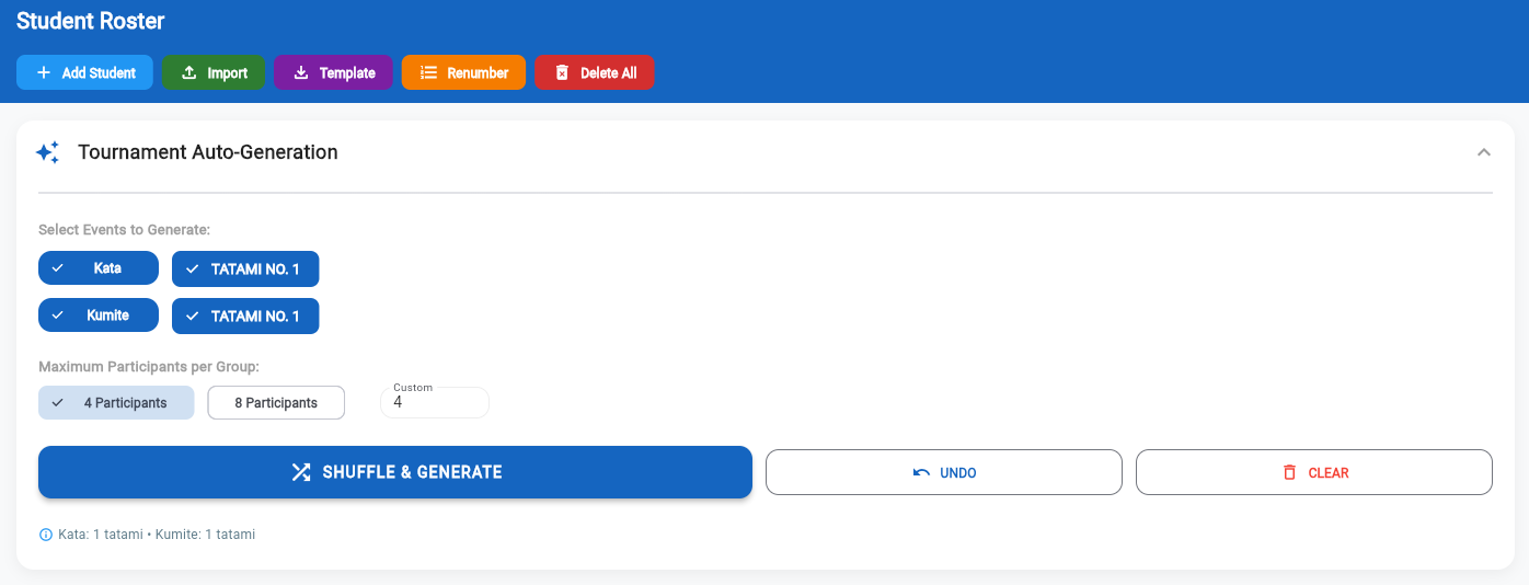 Student Roster — Add Student, Import, Template, Renumber buttons
