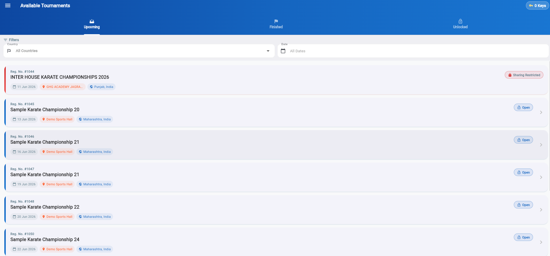 Available Tournaments list — Upcoming, Finished, Unlocked tabs with Open and Sharing Restricted states