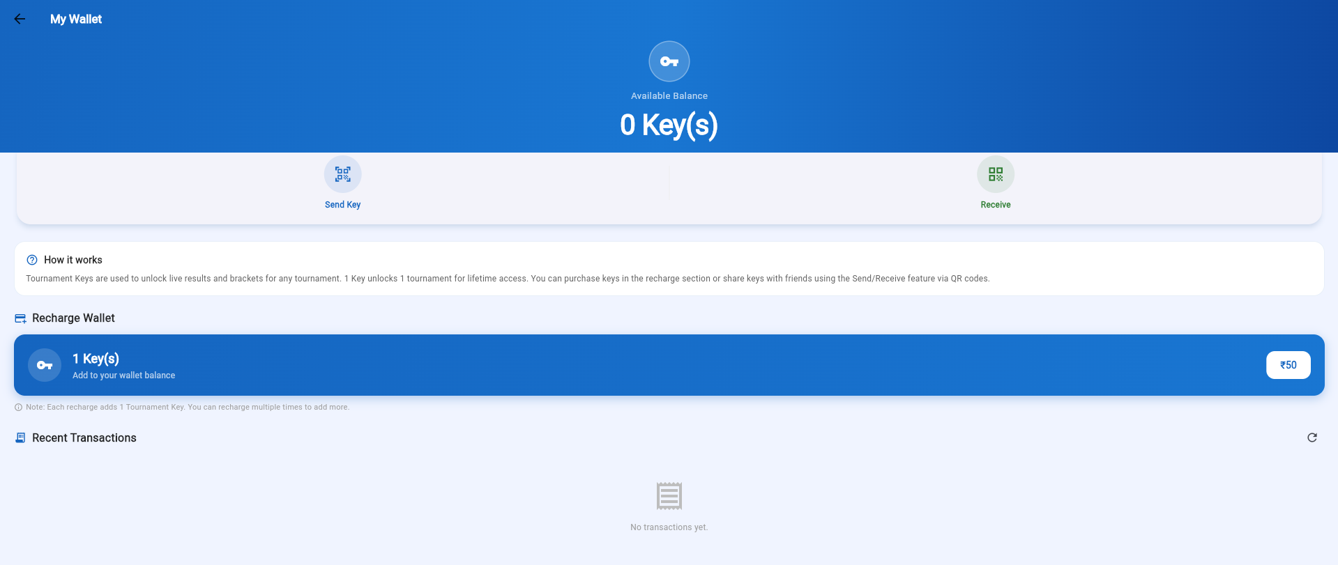 My Wallet — Tournament Keys balance, how it works, and Recharge Wallet at ₹50 per key