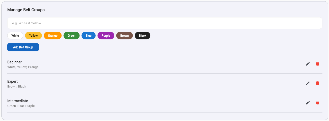 Manage Belt Groups — group belt colours into Beginner, Intermediate, Expert
