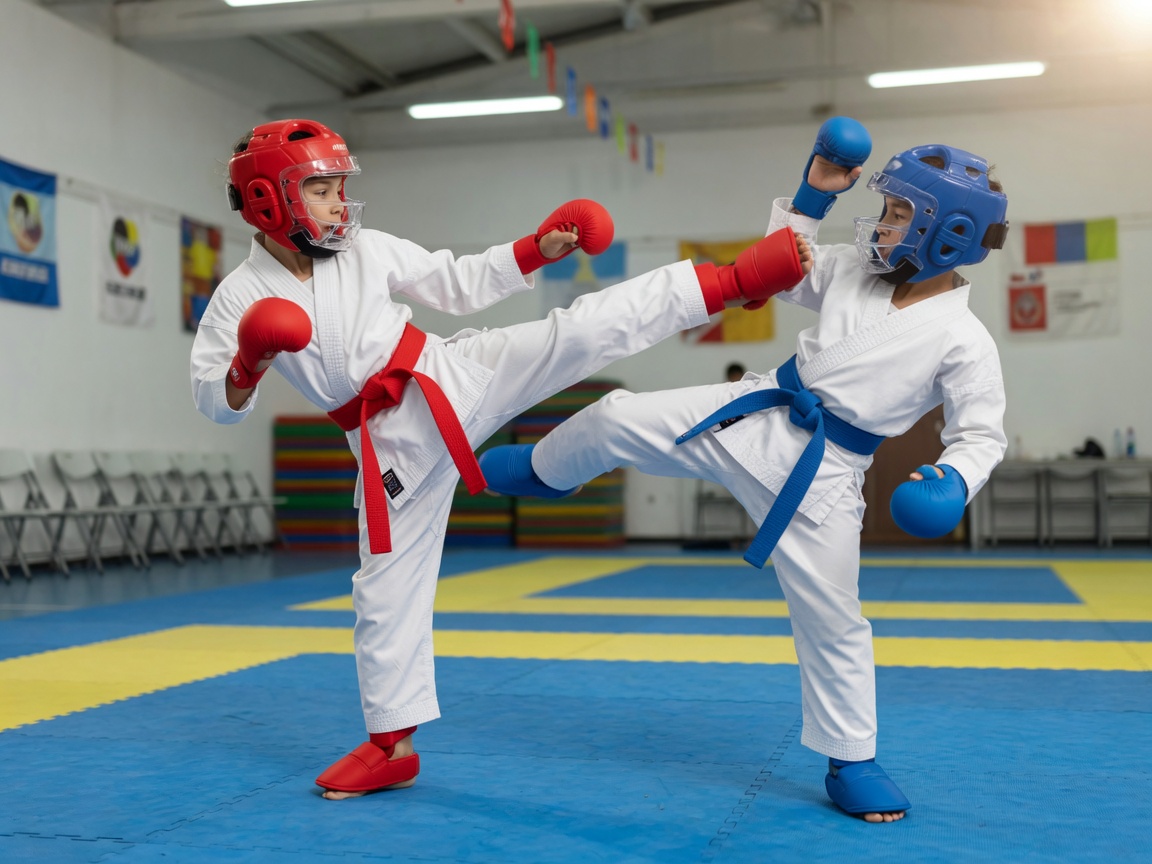 Two kids sparring kumite with AKA red and AO blue belts, helmets and gloves